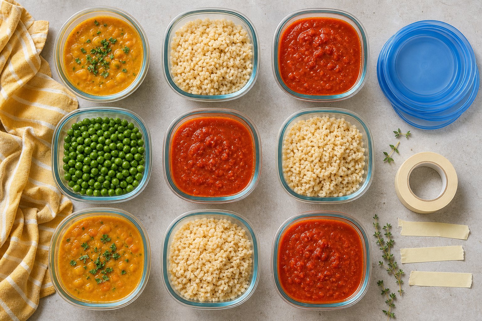 Glazen diepvriesbakjes met soep, granen en tomatensaus op een geel-blauwe doek