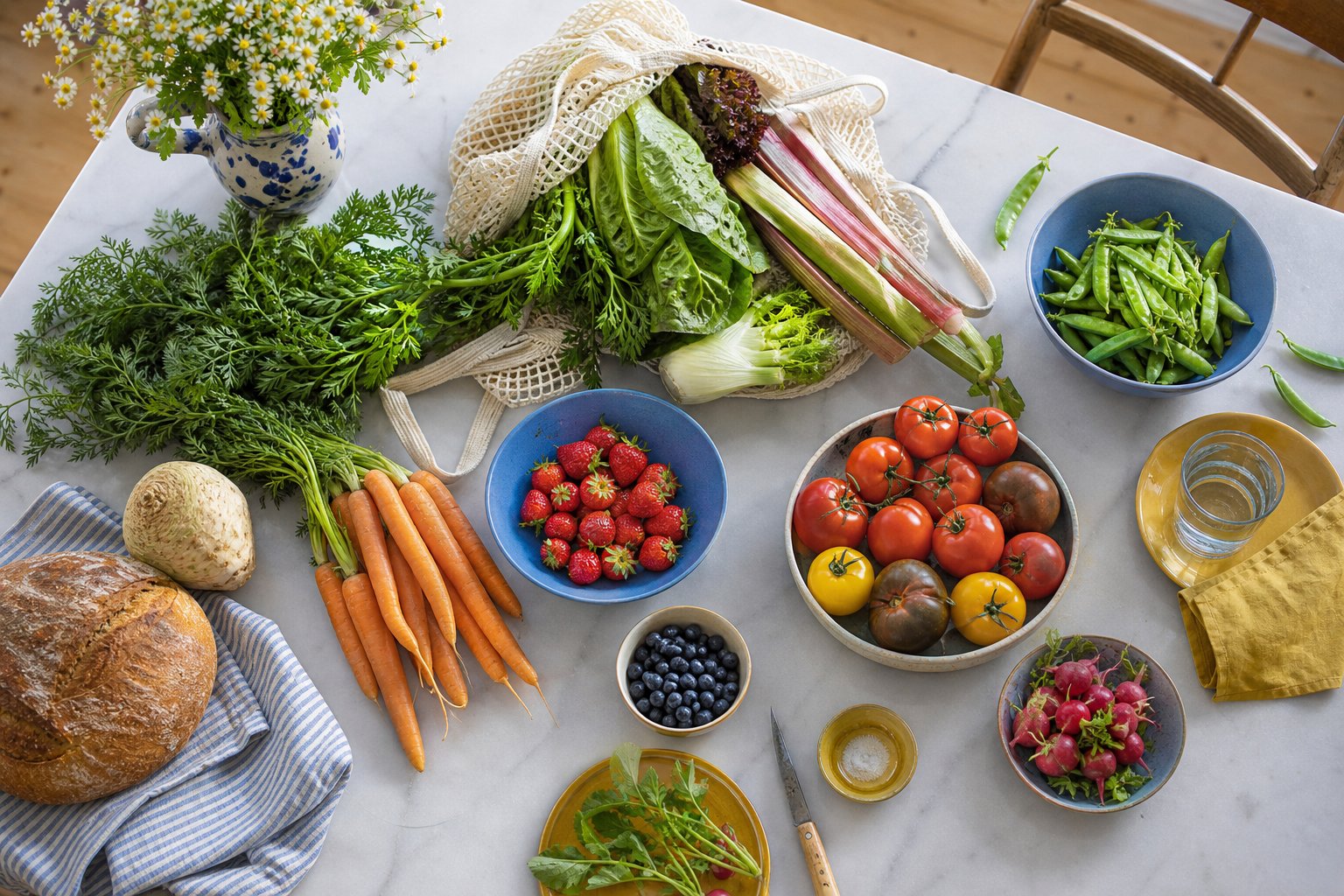 Seizoensgroenten, fruit en brood uitgestald op een keukentafel